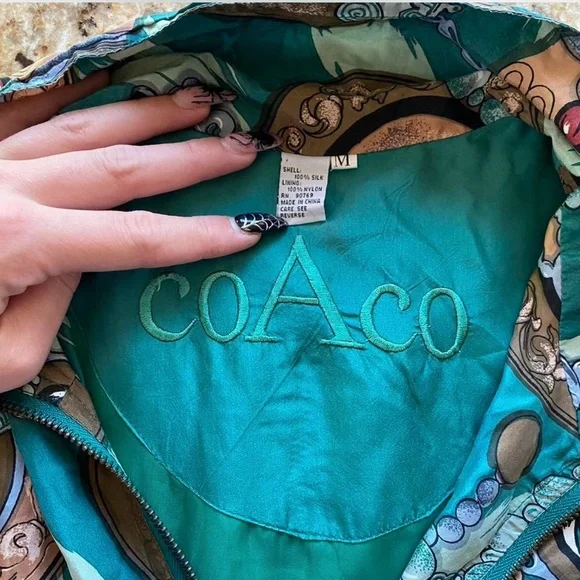 Coaco Vintage‎ 80s 90s Baroque Print Windbreaker Jacket Teal Gold Chain Zip Up - Picture 4 of 4
